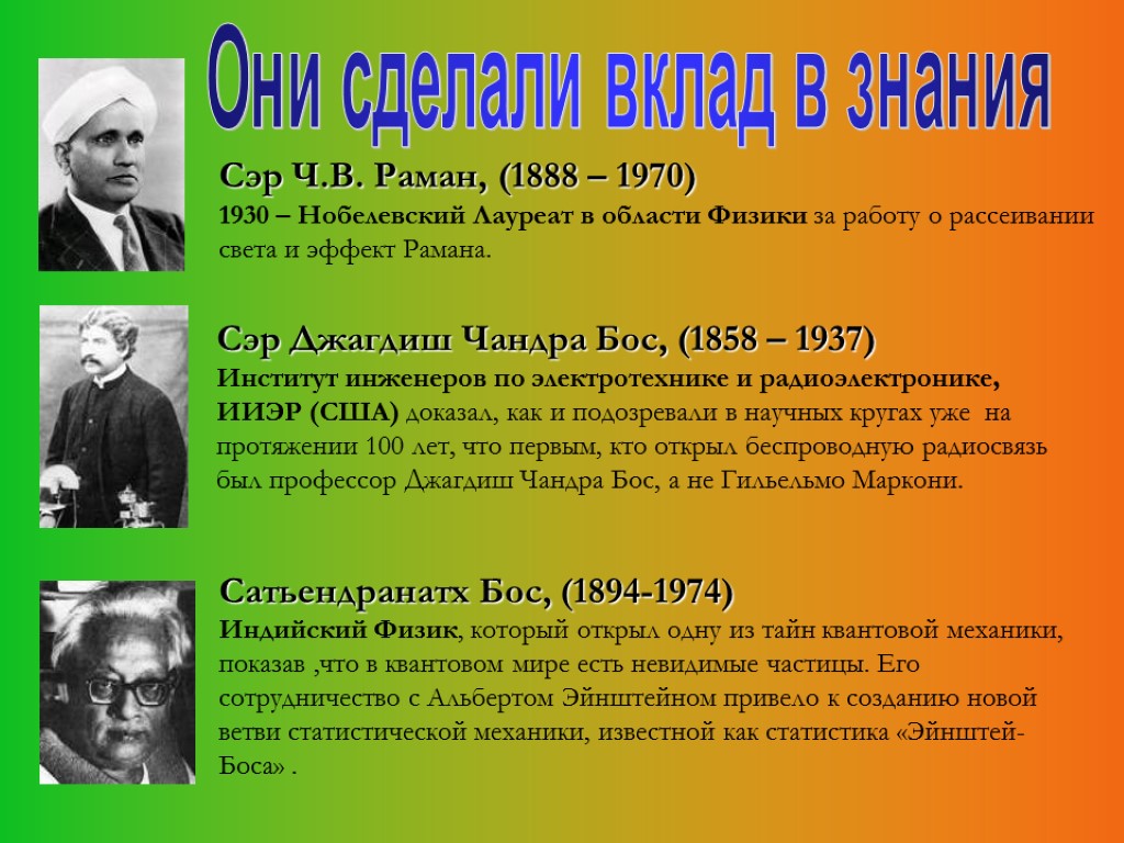 Сэр Ч.В. Раман, (1888 – 1970) 1930 – Нобелевский Лауреат в области Физики за